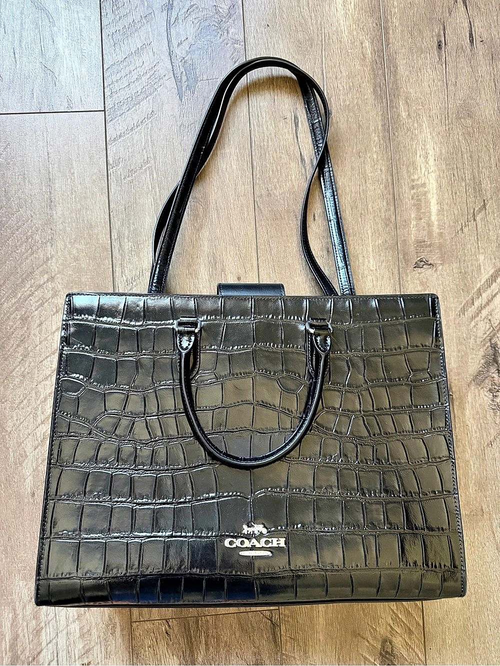 Coach Mollie Tote 25 Crocodile Embossed Tote in Black